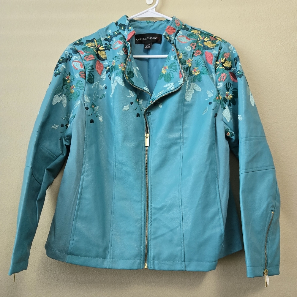 COLLEEN LOPEZ L Blue Faux Leather Moto Jacket Floral Embroidered Zip Sleeves